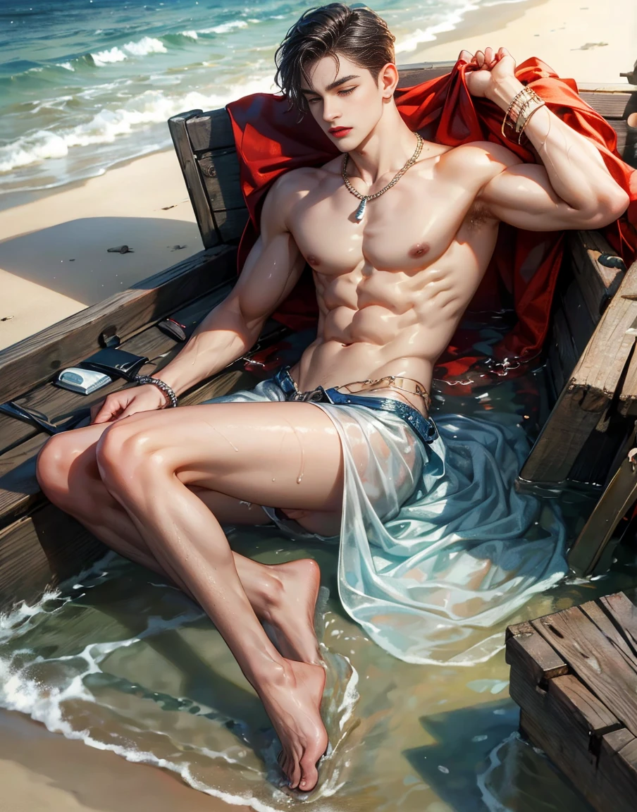 HD quality, high definition, male 20 years old handsome, muscular and slim, red lips, laying down unconcious on seashore, wet clothes, model with bracelets, earrings and Necklace, wearing shoes, sexy and seductive, unconcious eyes closed, a wreck ship survivor