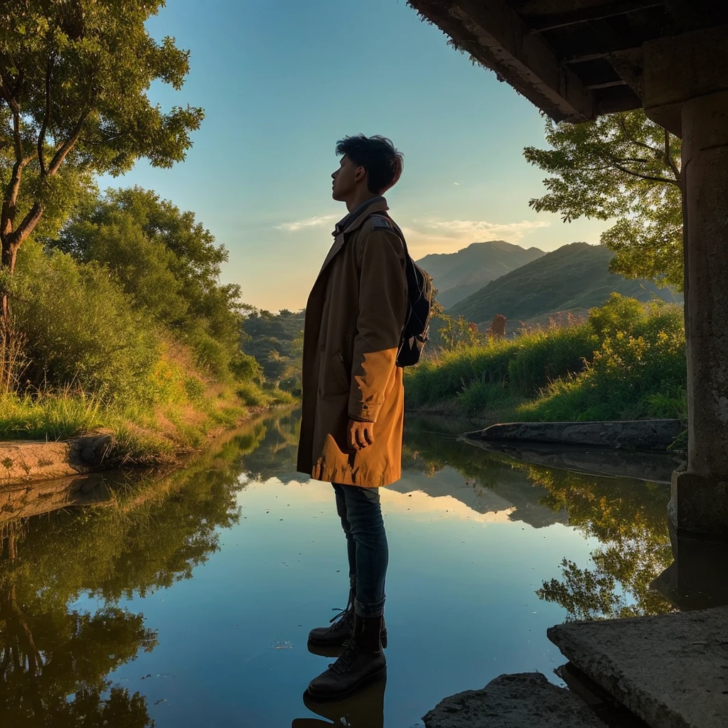 The photograph shows a man standing on an old, rickety bridge that stretches over a winding river filled with reflections of the sunset sky. His hair is gently fluttering in the wind, he is leaning on the railing, as if preparing to jump into the abyss. Eternity burns in his deep gaze with concentration, and it seems that he is trying to capture all the moments of his existence for a moment.
He is dressed in a worn leather coat, which gives him the appearance of a wandering seeker. In one hand he holds a guidebook, which seems to be gathering dust from time, and the other hand is free, as if he dares to take a risky step into the unknown. These details emphasize his connection with time: memory, which becomes his carrier, and the uncertainty of the future - his guide.
The sunset light colors his silhouette in warm shades, creating a feeling of a touch of nostalgia, and the reflections on the water convey the life-affirming beauty of departure and return. Shadows fill the space around him, playing with depth and texture, as if the bridge itself held the secrets of everyone who has ever crossed it. This photograph can be perceived as a moment from a film about time, where the main character is trying to understand his destiny and the value of each moment in life. He stands on the edge, ready to make a choice that will change the trajectory of his path. The viewer involuntarily finds himself as an outside observer, frozen in anticipation of what happened to the hero and what choice he will make.