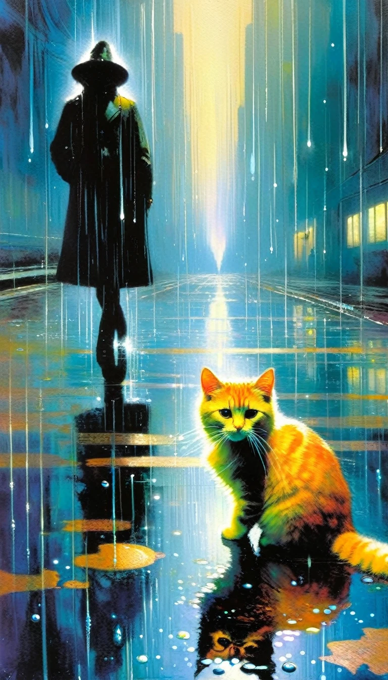 a cat in futuristic world: 1.5, surrealism, impressionism, alone, raining, reflections in a puddle of water, oil painting, art inspired by Bill Sienkiewicz
