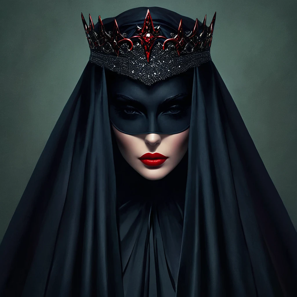 queen of darkness，The cape covers the eyes，Black veil covers the face，Red lips