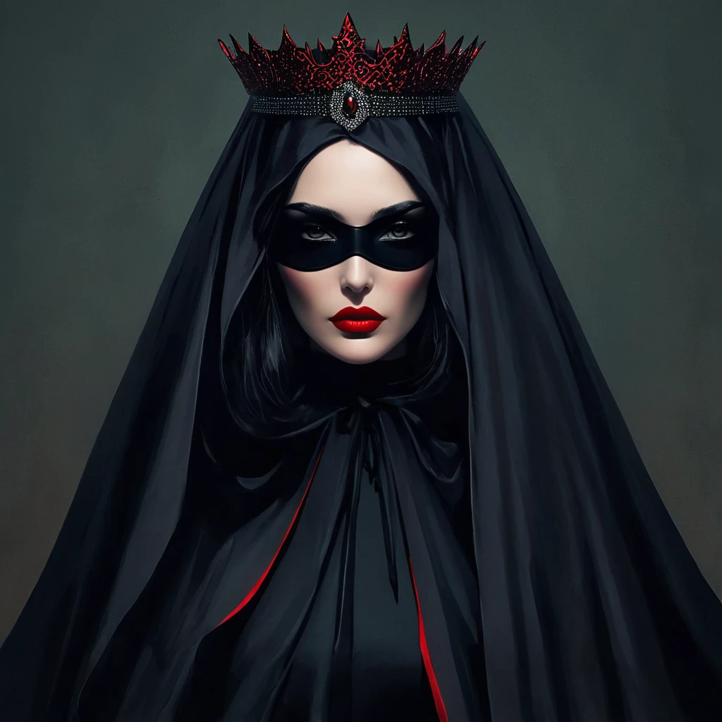 queen of darkness，The cape covers the eyes，Black veil covers the face，Red lips