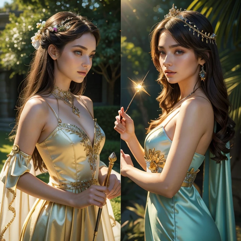 (masterpiece, best quality:1.5), highest quality, High resolution, super detailed, Realists, Upper body photo of a brunette sorceress, detailed and beautiful eyes, beautiful detailed lips, very detailed eyes and face, longeyelashes, shiny satin dress, Holding a magic wand in your hand and performing a transformation spell, Magic wands present and shining, Beautiful and colorful makeup, elegant and noble々The jewelry bag, Gardens as background, soft daylight, bright colors, fine brushstrokes, Portrait style, Silk dress fabric, beautiful color palette, glowing skin, First-class rendering, that captures every detail, enchanting atmosphere, subtle shadows and lights, (perfect anatomy:1.2), (The two breathtaking sorceresses transform flowers into jewelry (a transformation with a magic wand:1.4), (magnificent panorama view:1.2)
