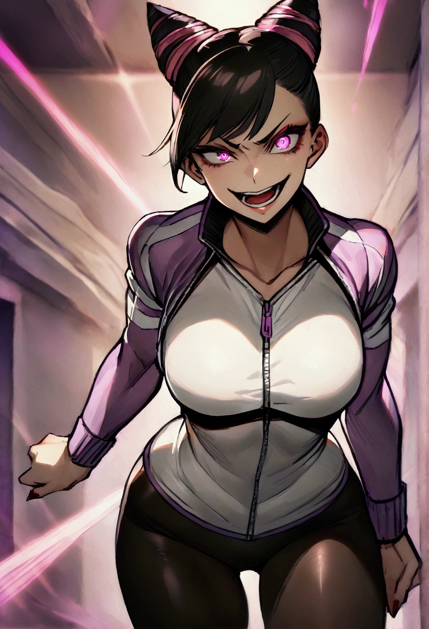 dark eye shadow,shining eyes,beautiful young fitness woman with , in a gym wearing May with black pantyhose, tight white and purple gym jacket. standing alone,hair horns,glowing purple eyes,Evil smile,legging preto ,labiaa,dark eye shadow,shining eyes,close up,open mouth with big evil smile
