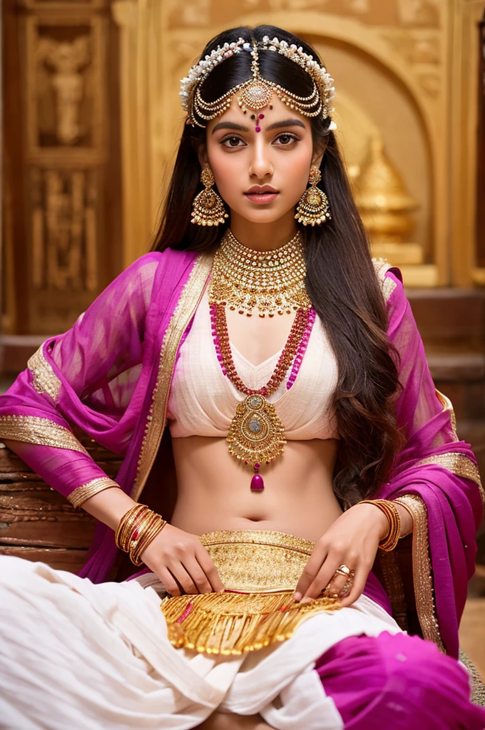 real image of a milky Beautiful pretty princess in indian magenta gold plated lahenga, necklace, jewelry, hair accessories sitting on the lap of an ancient indian handsome young king in Dhoti and bare upper body, ancient indian male jewelry and neck length hair with ancient indian male hair accessories.