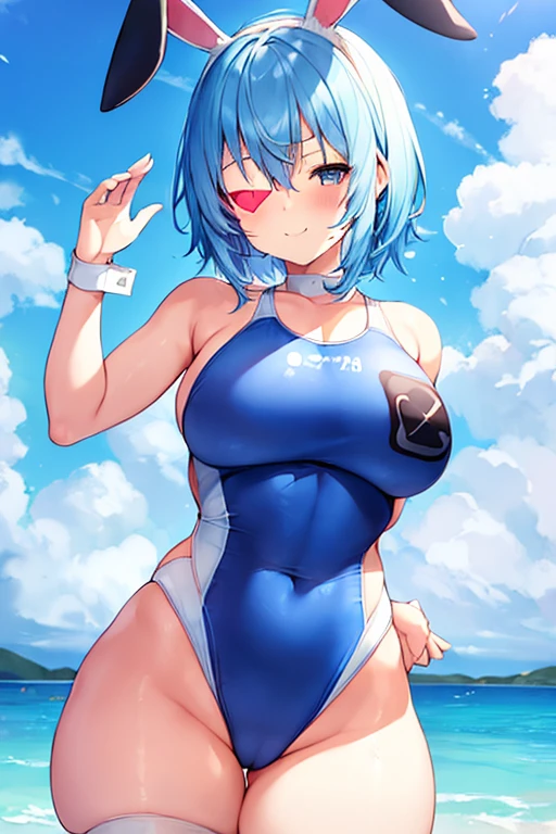 1girl, rabbit ears, bunny ears, light blue hair, very short hair, closed eyes, large breasts, wide hips, thick thighs, one-piece swimsuit, competition swimsuit, blue swimsuit, highleg, beach, blue hair, smile, animal ears, animal ear fluff, eyepatch, ((eyepatch)), one eye covered, white rabbit ears, animal ear fluff,