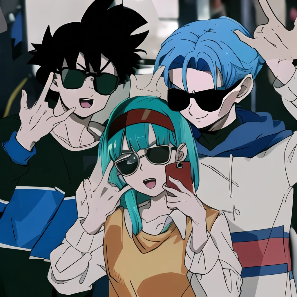 Dragon Ball characters posing for a photo, with sunglasses, sinal de peace, ssmile