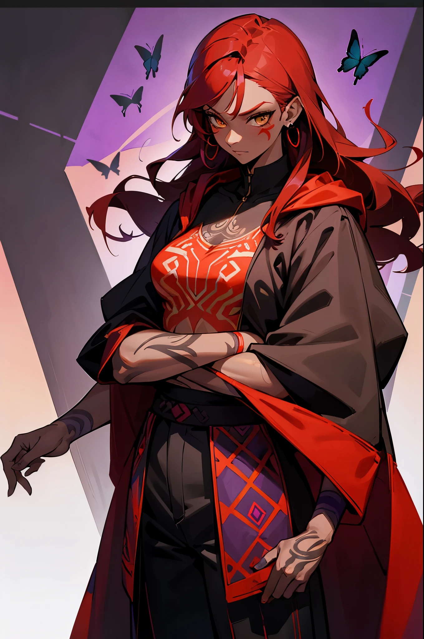 Black and Purple Tribal Markings On Body , Purple Butterflies around person , dark skin, light yellow eyes, red earrings, red hair, mature woman, red cloak, red pattered shirt, black checkered pants,, fully clothed, skinny arms, fully clothed, long red hair, tattoos on arms, dark skin tone