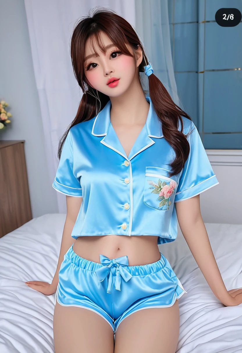 ((high quality:1.2)), work of art, (8k), extremely detailed, ((High detail:1.2)), ((best resolution:1.4)), Solo, 1girl, 24 years old Korean Ulzzang female, ((pajamas, pants, crop top)),