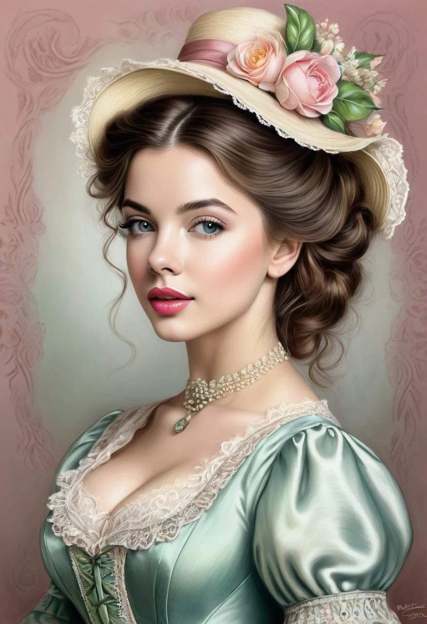 A colored pencil sketch of a beautiful victorian women who is a mash up of Masiela Lusha