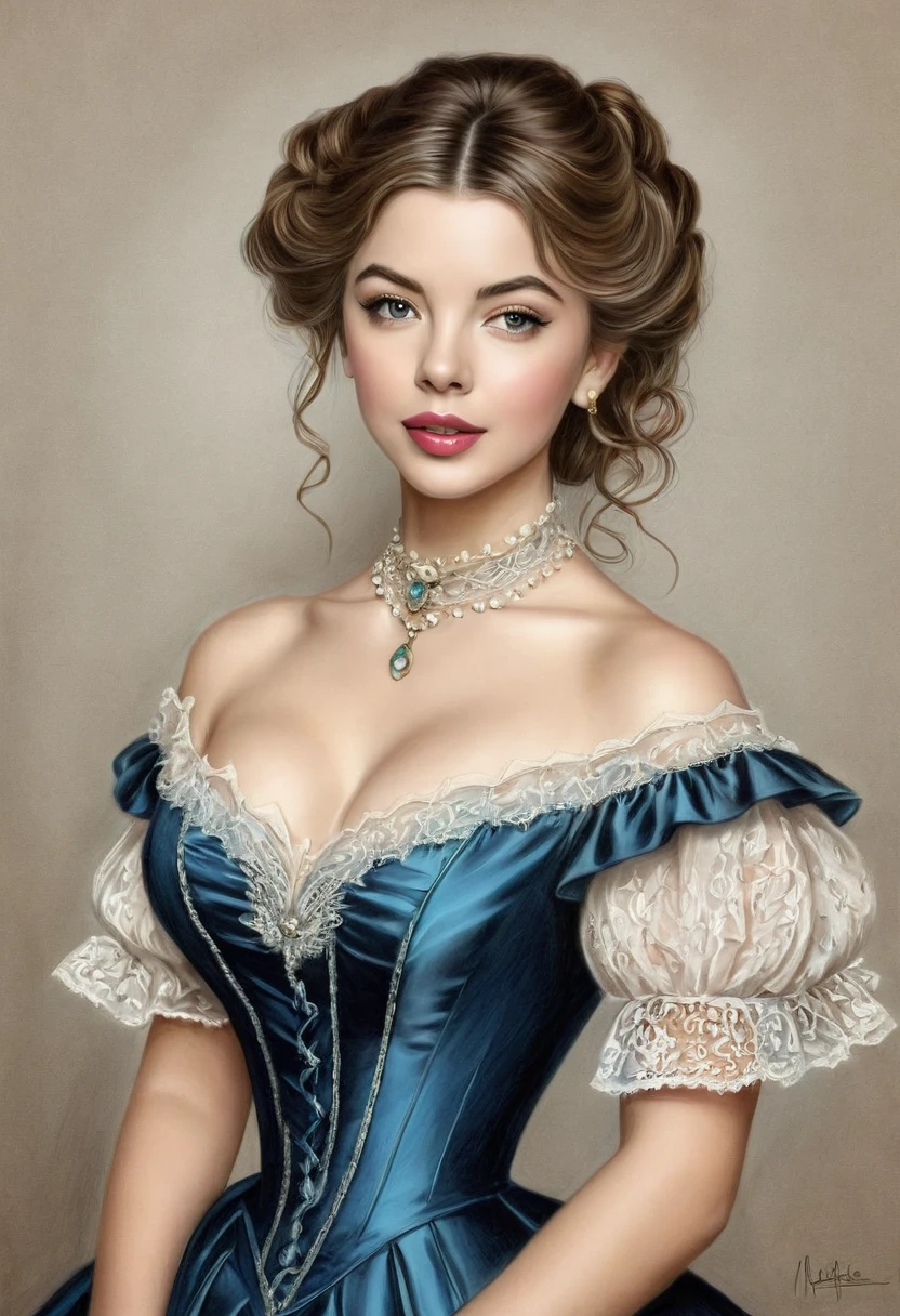 A colored pencil sketch of a beautiful victorian women who is a mash up of Masiela Lusha