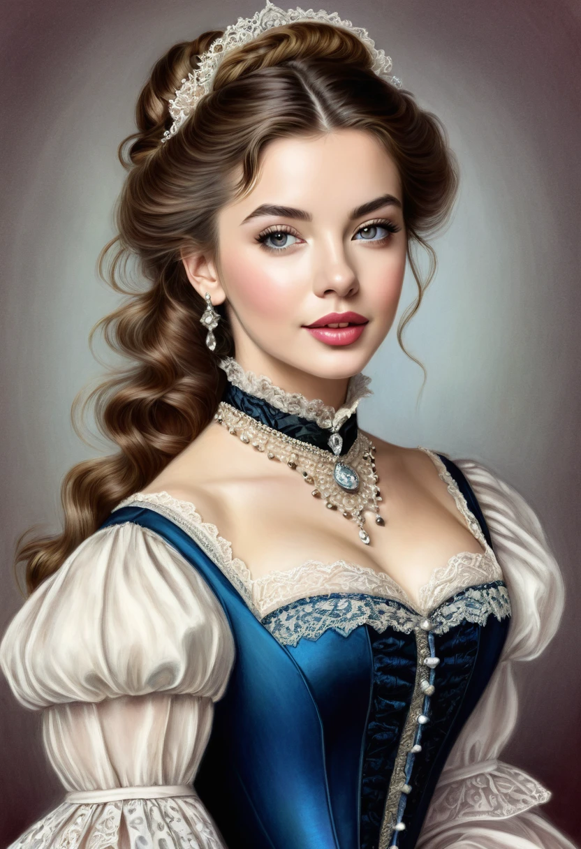 A colored pencil sketch of a beautiful victorian women who is a mash up of Masiela Lusha