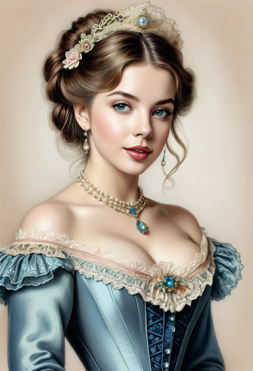 A colored pencil sketch of a beautiful victorian women who is a mash up of Masiela Lusha