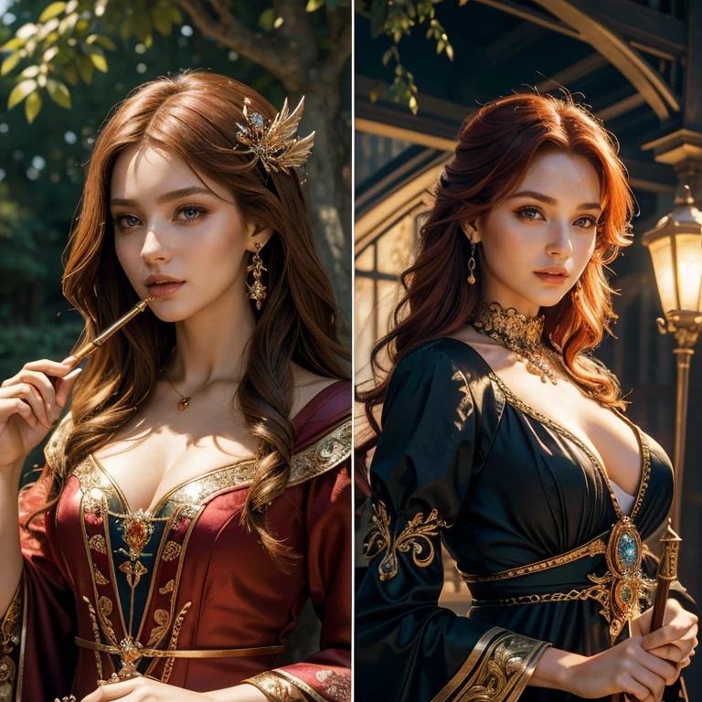 (masterpiece, best quality:1.5), highest quality, High resolution, super detailed, Realists, Upper body photo of a red-haired sorceress, detailed and beautiful eyes, beautiful detailed lips, very detailed eyes and face, longeyelashes, shiny satin dress, Holding a magic wand in your hand and performing a transformation spell, Magic wands present and shining, Beautiful and colorful makeup, elegant and noble々The jewelry bag, Gardens as background, soft daylight, bright colors, fine brushstrokes, Portrait style, Silk dress fabric, beautiful color palette, glowing skin, First-class rendering, that captures every detail, enchanting atmosphere, subtle shadows and lights, (perfect anatomy:1.2), (The two breathtaking sorceresses transform birds into jewelry (a transformation with a magic wand:1.4), (magnificent panorama view:1.2)
