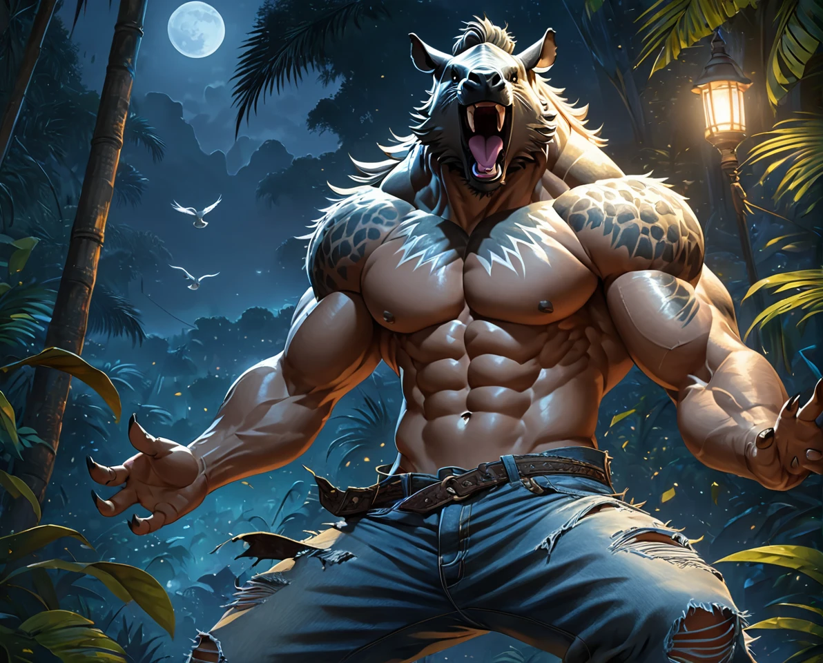 male rhinoceros mid transformation, solo, masterpiece, best art, digitigrade, by patto, by oouna, torn pants, torn shirt, detailed hands, detailed eyes, detailed torso, jungle, howling expression, transformation, human face, night, howling up, muscular, abs, nipples, bird feet