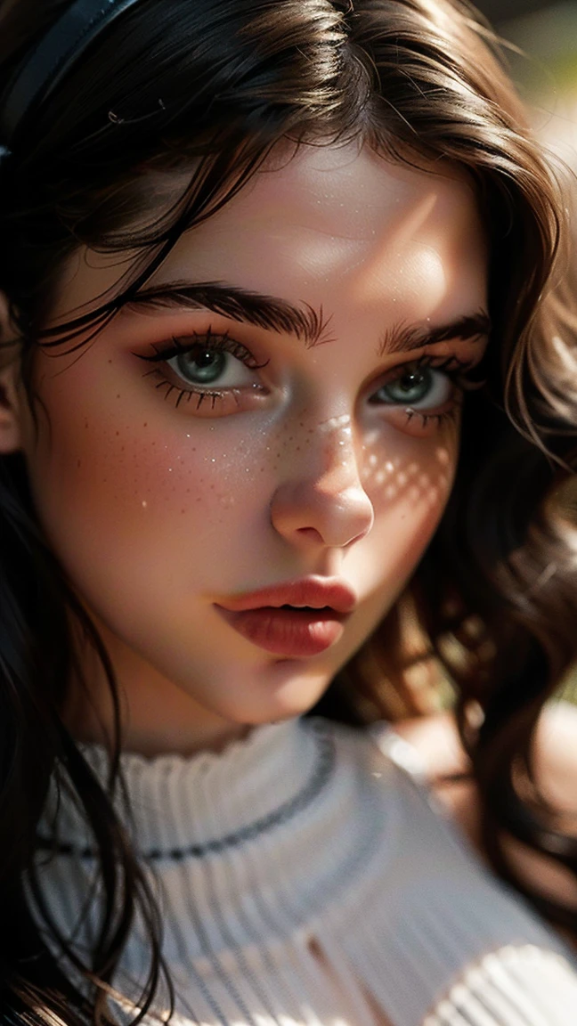 (((ultra realistic))) Photo, masterpiece, top quality, portrait from the hips, (Pale skin), (Cara y ojos ultra detaileds cejas finas:1.3), 1 girl,  ((eye makeup, mask)), ((big detailed lips)), ((dark wavy hair)), ((stylish hairstyle)) , (Hyper large and heavy breasts), ((Posing)), Photoshoot, (contour) Turning on, (The game of lights and shadows), depth of field, bokeh, (Special attention to leather details.: 1.2), detailed skin texture, skin pores. (Warm frame environment. color combination - black, yellow, white shades), DR, ((fine grain film)), good heavens,  ultra detailed, bzlizzie,