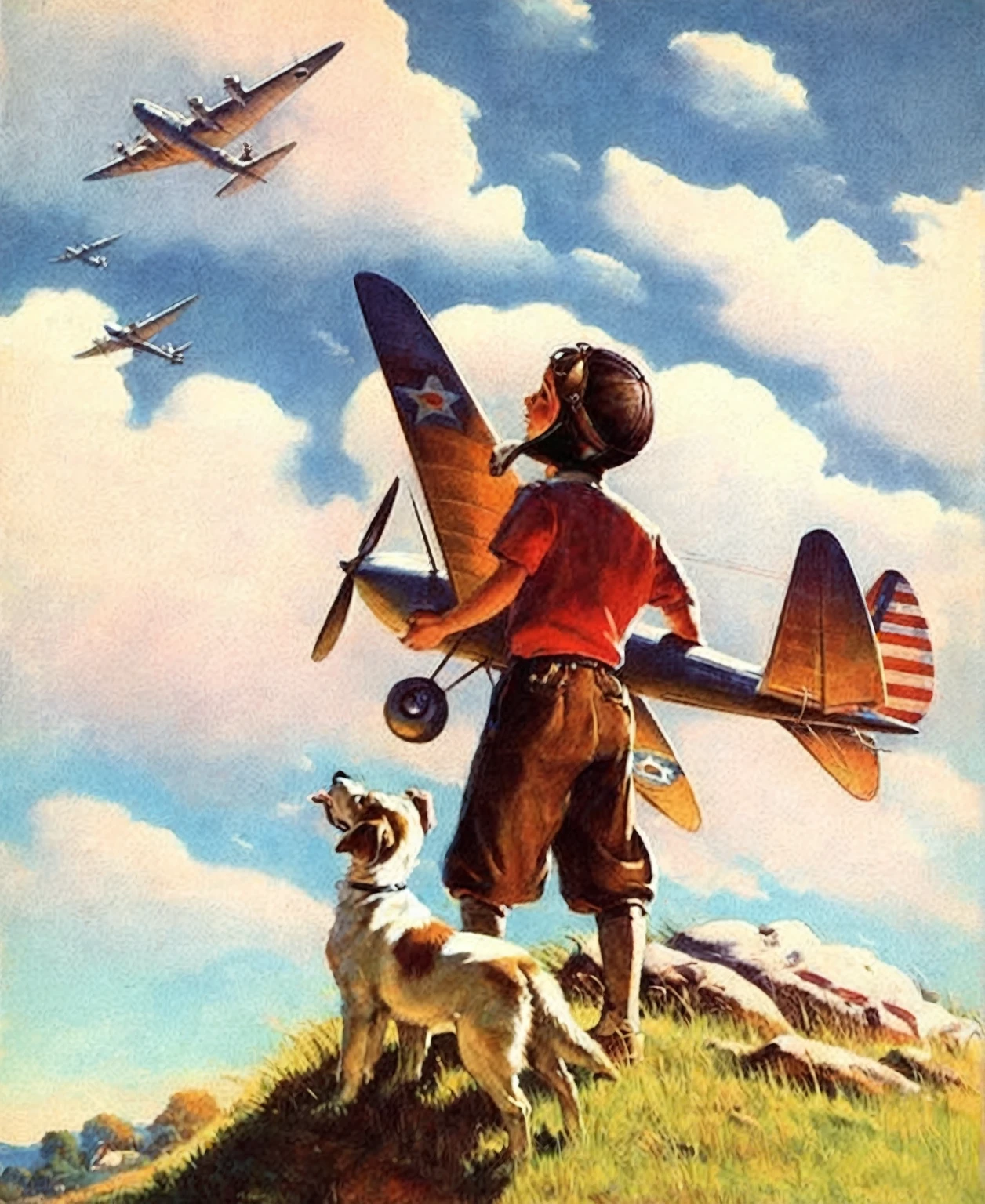 painting of a boy and his dog watching a blimp in 1940 (Fitzpatrick Art), Directed by: Frank Leonard Brooks, Directed by: Jon Whitcomb, Directed by: Thomas Hart Benton, by Howard Lyon, inspired by Kadir Nelson, inspired by Art Frahm, by Art Frahm, by Tim Hildebrandt, by Bob Ringwood, military art, by Ernesto, angus mcbride