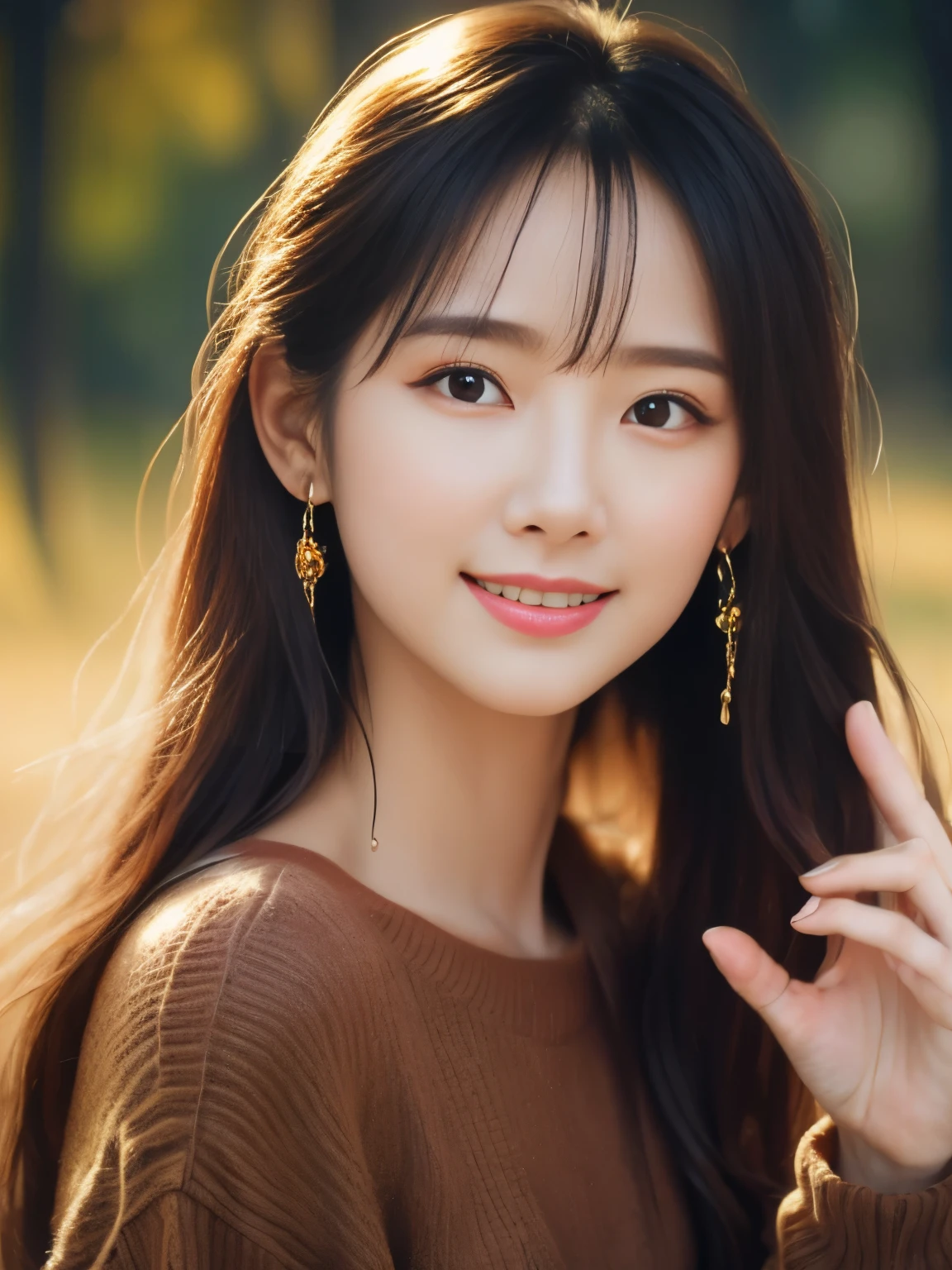 1girl,25yo, ,solo, close up, slender,((sweater and scarf)), ((soft smiling)), (best quality,8k,highres,masterpiece:1.3), (crystal clear white skin),ultra-detailed, (realistic,photorealistic,photo-realistic:1.37), portrait, cinematic, warm lighting, medium format, golden hour, dramatic shadows, vibrant colors,((hair up)),(( waving long hair by Wind)),