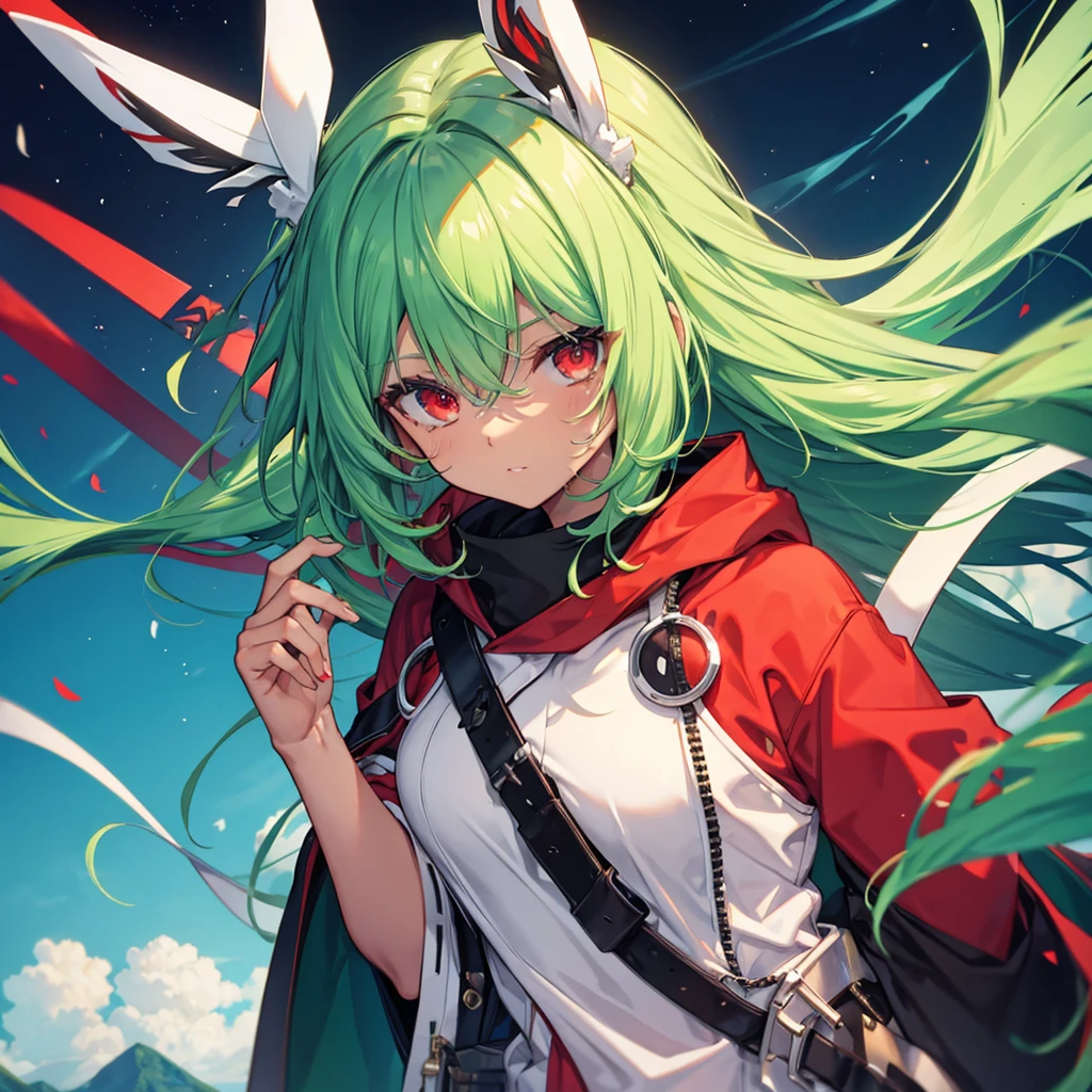 , tanned, green hair, red eyes