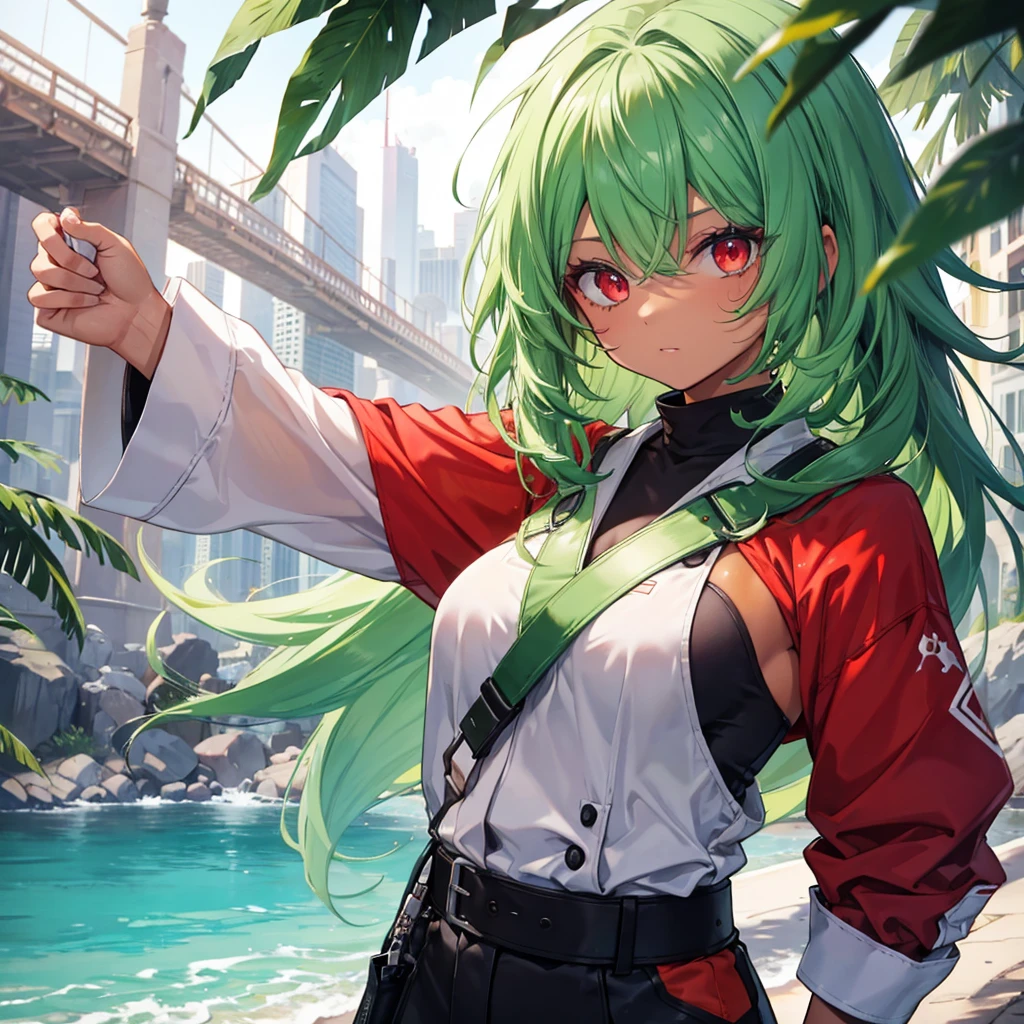 , tanned, green hair, red eyes