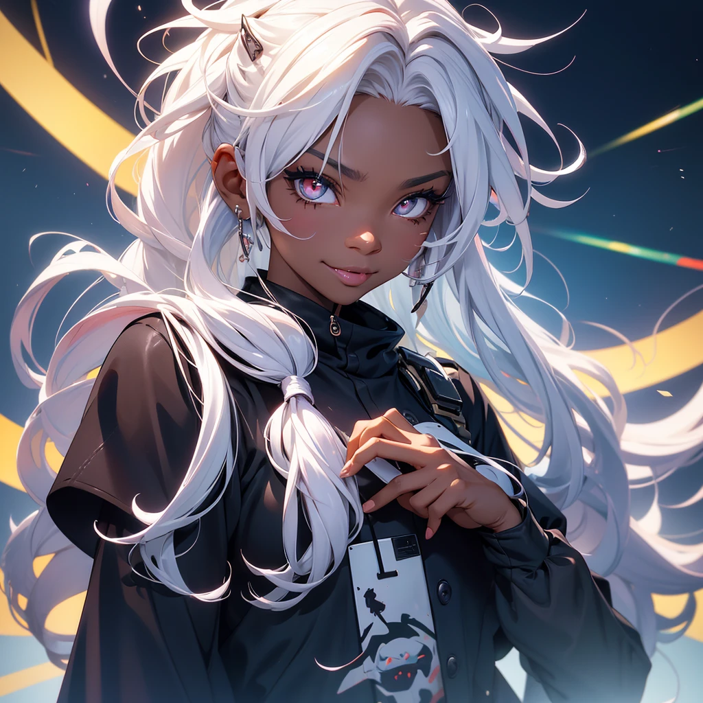 white hair, dreadlocks, expressive hair, cloud hair, afro, streaked hair, multicolored eyes, mismatched pupils, mismatched sclera, surgical mask, Gradient eyes, longeyelashes, upturned eyes, makeup, Serious, jitome, skin fang, long tongue, fang, crazy smile, Surrealism, Cubist Futurism, アニメ style, アニメ, depth of field, glowing light, projected inset, cowboy shot, close-up, lens flare, 8k, super detail, uhd, masterpiece, accurate, anatomically correct, textured skin, textured skin, high details, high details, award winning, best quality, highres、Sexy Nurse、Black、Beauty、Pull the mask with your hands、A crazy smile from under the mask、colorful、Concept Art、Lens flare、Background Single Color、colorfulなイラスト、Detailed、Breathtakingly artistic、Incredibly stylish、Horror、Dark skin、Black Skin、Menhera、spooky、Exposed skin、Bewitching beauty、African Woman、Sexy Nurse服を着ている、Holding a syringe in hand