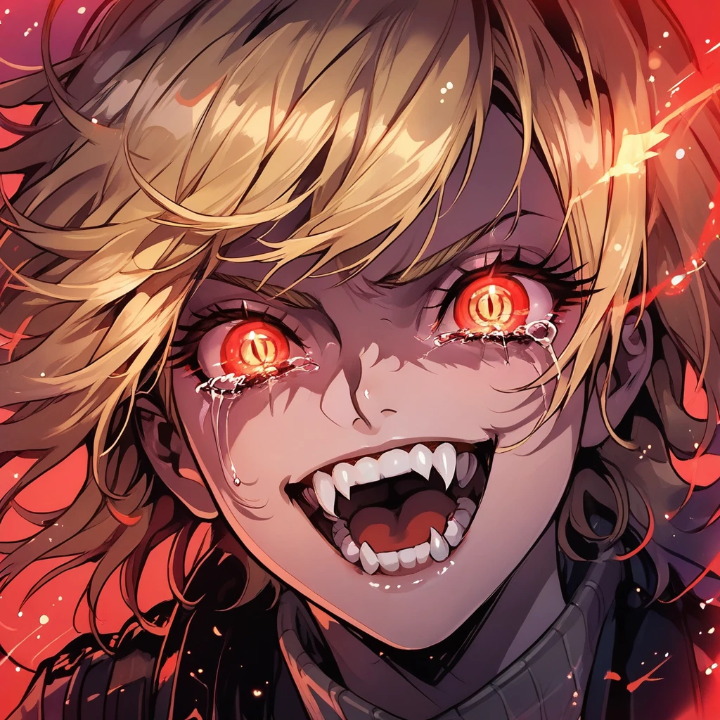 score_9, score_8_up, score_7_up, score_6_up,Madness,1girl,solo,looking at viewer,open mouth,bangs,yellow eyes,teeth,tears,eyelashes,glowing,portrait,light particles,close-up,eye focus, hellsing, seras Victoria, blonde hair, red eyes, fangs, vampire