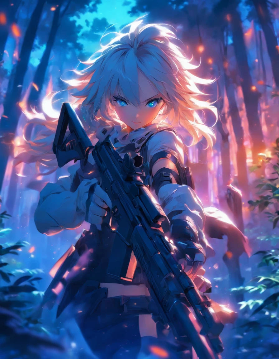 white hair-blue eyes anime girl with a gun in a forest, of frontline girls, de Arknights, Artgerm and Atey Ghailan, anime rudo 8K, guweiz style artwork, manga wallpaper 4k, genshin impact keqing, guweiz, trend on artstation pixiv, trigger anime art style