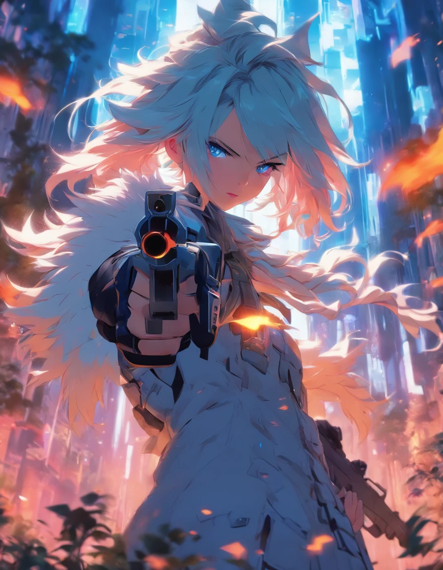 white hair-blue eyes anime girl with a gun in a forest, of frontline girls, de Arknights, Artgerm and Atey Ghailan, anime rudo 8K, guweiz style artwork, manga wallpaper 4k, genshin impact keqing, guweiz, trend on artstation pixiv, trigger anime art style