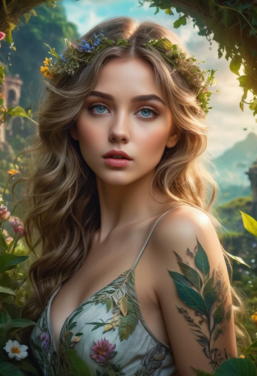 a beautiful 20 year old girl, messy dark blonde hair, fantasy landscape, portal to a magical garden, mystical atmosphere, beautiful detailed eyes, beautiful detailed lips, extremely detailed face, long eyelashes, dress made of leaves and wild flowers, tattoo on her arms and body, dynamic pose, photorealistic, hyper detailed, 4k, high resolution, masterpiece, intricate details, vivid colors, dramatic lighting, cinematic composition, concept art style,8k.