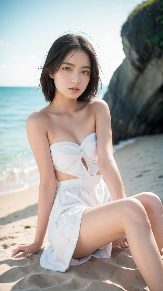 (((8k、Highest quality、masterpiece、Ultra-high resolution)))、(Realistic:1.4)、RAW Photos、(Realistic skin texture:1.3)、(Film Grain:1.3)、((One Girl、Beautiful and detailed eyes, Face and skin texture、barefoot))、Cute Japanese Woman、Beach、A strong wind is blowing、Her hair and skirt are flying、(((On all fours, Crawl)))、Pleated skirt、((No underwear:1.35))、splash、Sandy Beach、Light of the sun、clear blue sea、The waves crash quietly、Blue sky and white clouds、Beautiful Nature、(((Front opening:1.63)))、((No underwear、Raise one leg))、