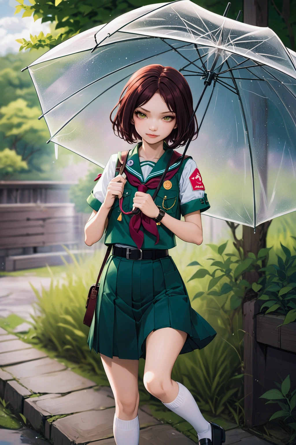 anime illustration of pretty , she is holding a white transparent umbrella with smiling, she has brown short hair (+forehead), she wearing green short sleeve scout shirt with burgandy-red shoulder straps, burgandy-red neckerchief, green pleated pencil long skirt, black belt, white socks and black marry-jane shoes, (1girl, solo,full body), (masterpiece, best quality, japanese anime style), BREAK, (green short sleeve scout shirt with burgandy-red shoulder straps, burgandy-red neckerchief, green pleated pencil long skirt, black belt, white socks and black marry-jane shoes)
