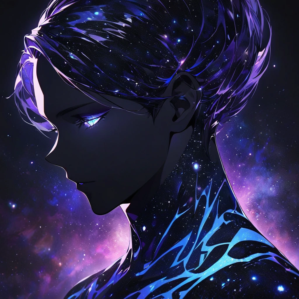 mysterious simple cosmic humanoid(male) being, sideprofile , minimilistic skin textures, face close up, glowing, magnificient, magestic, dark art, background is of space