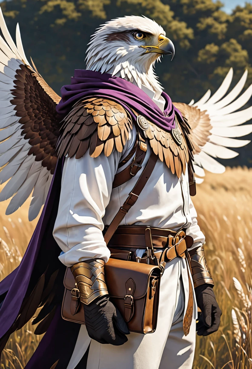 ((solo, three-quarters perspective, masterpiece, chest level shot, standing, (anthro), facing viewer, stoic expression, high resolution, 4K)), male, adult, ((hawk-face, detailed feathers, fully feathered body, extremely detailed, slender build, three-tone feathers, large feathered wings, black and brown and white feathered body)), gold eyes, high contrast, dynamic composition, grassland background, daylight, wispy clouds, ((leather satchel, white medieval shirt, short purple cape))