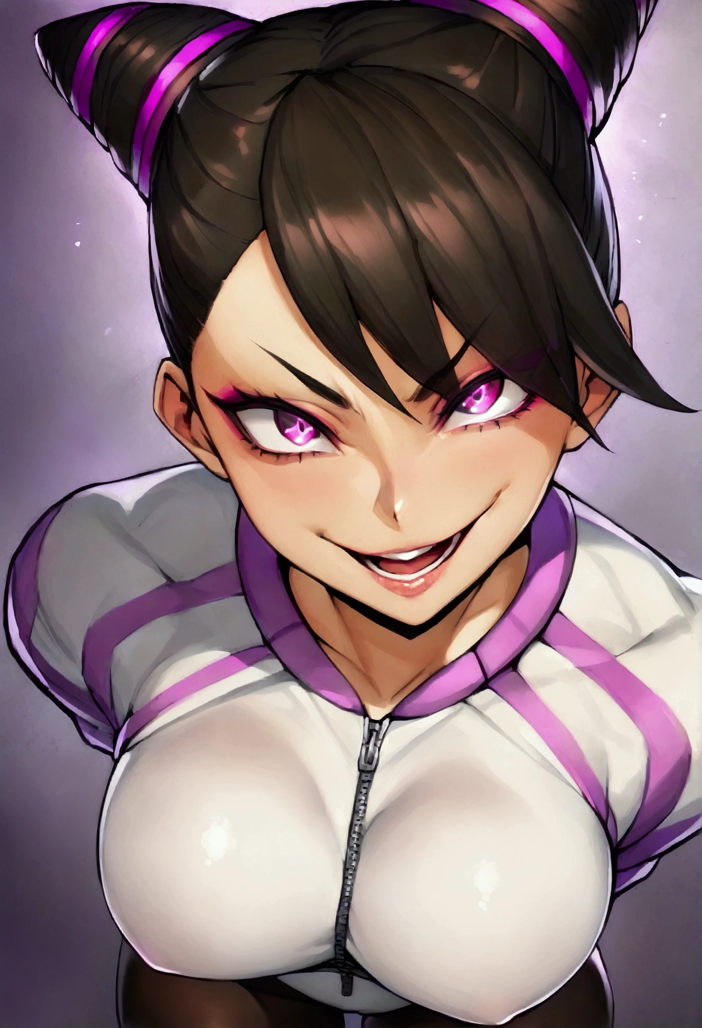 dark eye shadow,shining eyes,beautiful young fitness woman with , in a gym wearing May with black pantyhose, tight white and purple gym jacket. standing alone,hair horns,glowing purple eyes,Evil smile,legging preto ,labiaa,dark eye shadow,shining eyes,close up,open mouth with big evil smile,thicc thighs