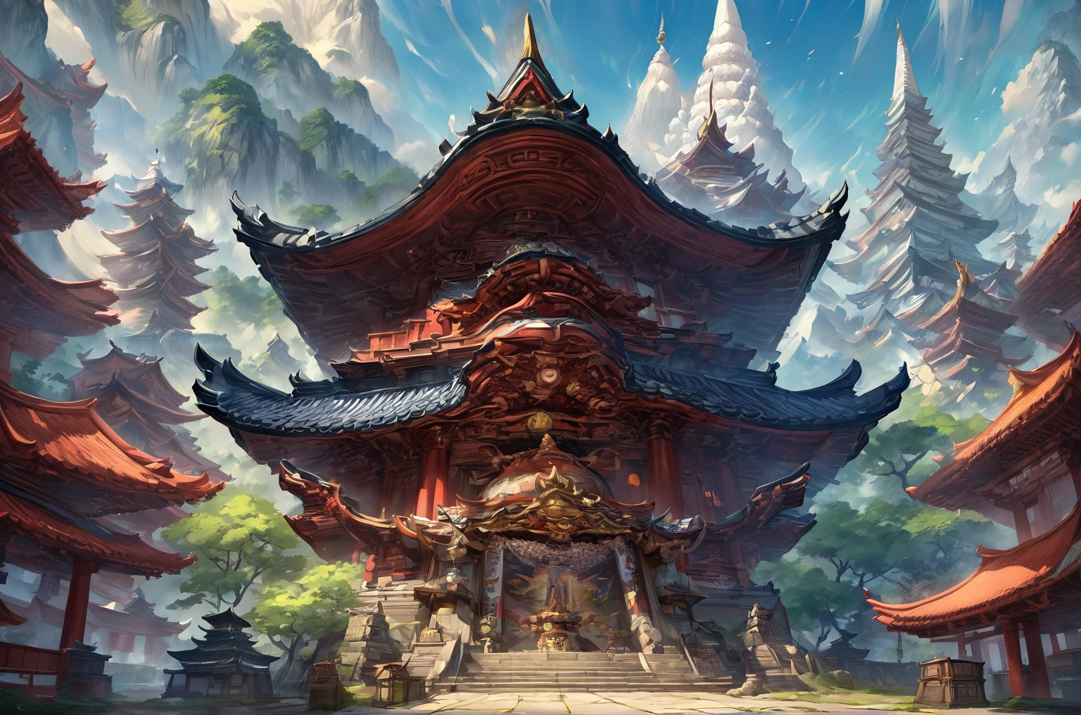 Need to create concept art for Zenkoji Temple, for MMORPG, Zenkoji Temple is a sacred place in our game, set in a Japanese setting. This place has deep spiritual significance for the gaming world, for cultural and religious events. The temple is a stone structure with features characteristic of Japanese architecture.: pagoda style roof, curved roofs, wooden posts and panels, digital painting, fantasies, fairy tale style, Fantasy, A game, сказочная A game про Японию, big temple, impressive size temple, digital painting