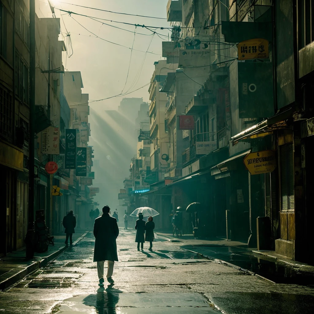The photograph shows a man walking down a deserted city street. His eyes are dark, determined and mysterious. A fleeting sadness mixed with hope can be seen in his gaze. He is wearing a long coat that flutters in the wind, creating an atmosphere of mystery and intrigue.
The city seems distant and alien, the dim lights of the street lamps illuminate the way, but they only increase the feeling of isolation. Behind him, a scene of everyday life unfolds: people rush, cars rush past, but he is motionless, like a forgotten figure of an artist on a canvas. His faces reflect incomprehension, as if he is aware of something that no one else notices.
In the background, the buildings, pierced by shadows, become a formed veil, letting through only particles of light. This play of light and shadow emphasizes his loneliness, at the same time ennobling his image. The smile on his face seems sad, like spring rain, giving birth to hopes for renewal.  This scene is reminiscent of episodes from the works of Vuol or Bresson, where every moment symbolizes a person’s struggle against the circumstances that have piled up. The image of this man raises questions about what he is looking for, what he wants to achieve, and how to find his place in this boundless ocean of strangeness.