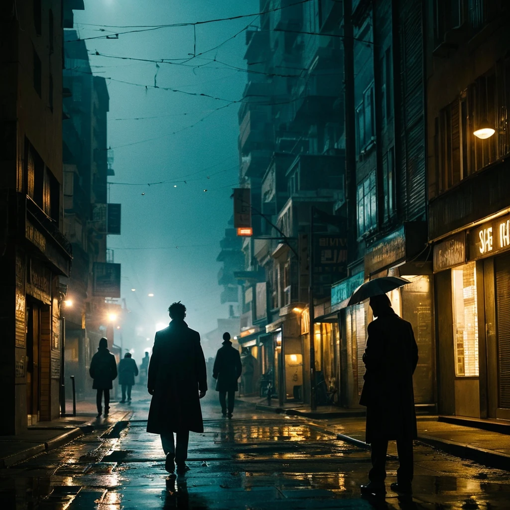 The photograph shows a man walking down a deserted city street. His eyes are dark, determined and mysterious. A fleeting sadness mixed with hope can be seen in his gaze. He is wearing a long coat that flutters in the wind, creating an atmosphere of mystery and intrigue.
The city seems distant and alien, the dim lights of the street lamps illuminate the way, but they only increase the feeling of isolation. Behind him, a scene of everyday life unfolds: people rush, cars rush past, but he is motionless, like a forgotten figure of an artist on a canvas. His faces reflect incomprehension, as if he is aware of something that no one else notices.
In the background, the buildings, pierced by shadows, become a formed veil, letting through only particles of light. This play of light and shadow emphasizes his loneliness, at the same time ennobling his image. The smile on his face seems sad, like spring rain, giving birth to hopes for renewal. This scene is reminiscent of episodes from the works of Vuol or Bresson, where every moment symbolizes a person’s struggle against the circumstances that have piled up. The image of this man raises questions about what he is looking for, what he wants to achieve, and how to find his place in this boundless ocean of strangeness.