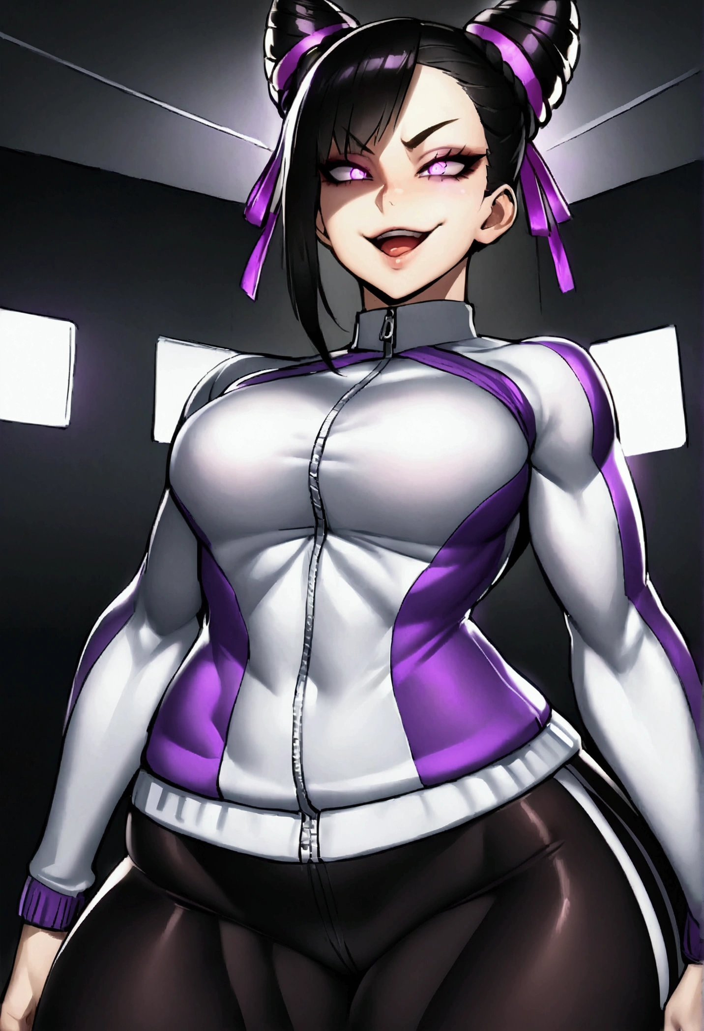 dark eye shadow,shining eyes,beautiful young fitness woman with , in a gym wearing May with black pantyhose, tight white and purple gym jacket. standing alone,hair horns,glowing purple eyes,Evil smile,legging preto ,labiaa,dark eye shadow,shining eyes,close up,open mouth with big evil smile,thicc thighs
