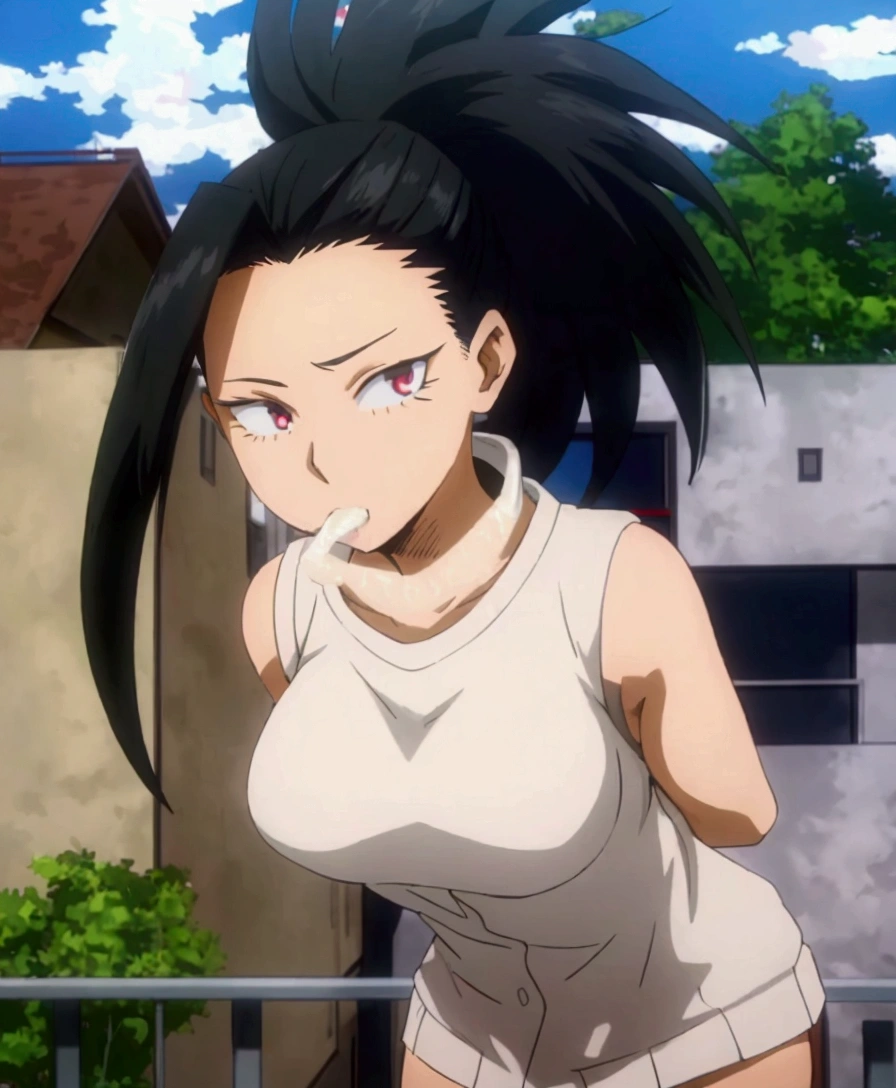 anime girl with black hair and white top standing on balcony, female anime character, boku no hero academia , hinata hyuuga, eat and drink, anime girl named momo yaoyorozu , ( ( ( boku no hero academia ) ) ), Sui Ishida com cabelo preto, anime character, anime look of a beautiful girl, as an anime character, nagatoro