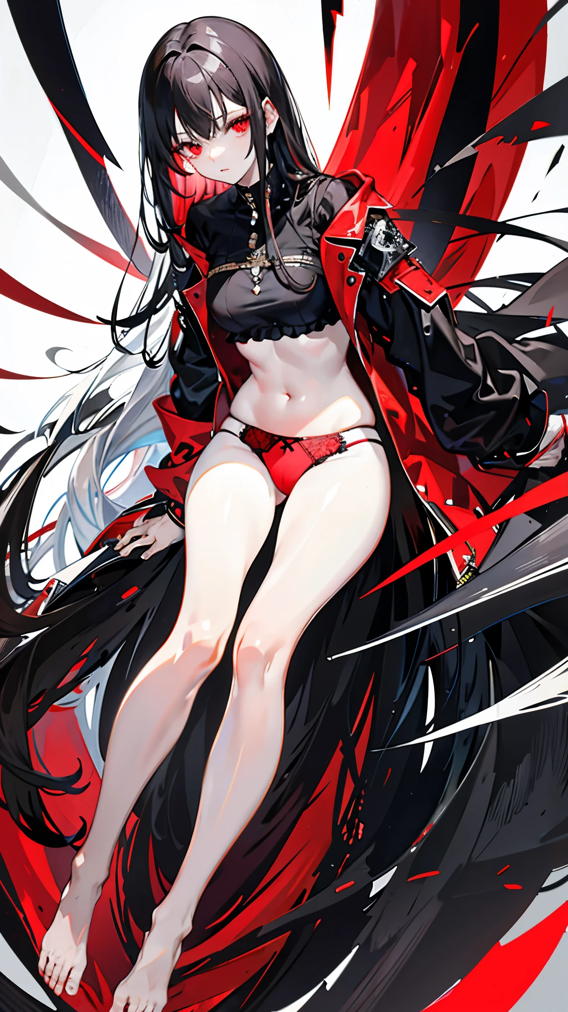 Dark style, black hair, white skin, red eyes, long hair, bangs,underwear,open legs