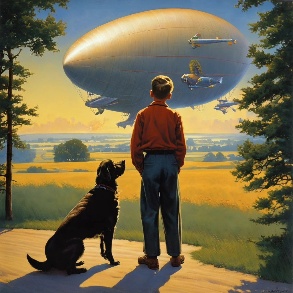painting of a boy and his dog watching a blimp in 1940 (Fitzpatrick Art), Directed by: Frank Leonard Brooks, Directed by: Jon Whitcomb, Directed by: Thomas Hart Benton, by Howard Lyon, inspired by Kadir Nelson, inspired by Art Frahm, by Art Frahm, by Tim Hildebrandt, by Bob Ringwood, military art, by Ernesto, angus mcbride