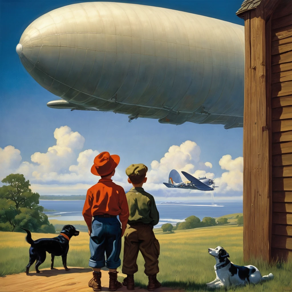 painting of a boy and his dog watching a blimp in 1940 (Fitzpatrick Art), Directed by: Frank Leonard Brooks, Directed by: Jon Whitcomb, Directed by: Thomas Hart Benton, by Howard Lyon, inspired by Kadir Nelson, inspired by Art Frahm, by Art Frahm, by Tim Hildebrandt, by Bob Ringwood, military art, by Ernesto, angus mcbride