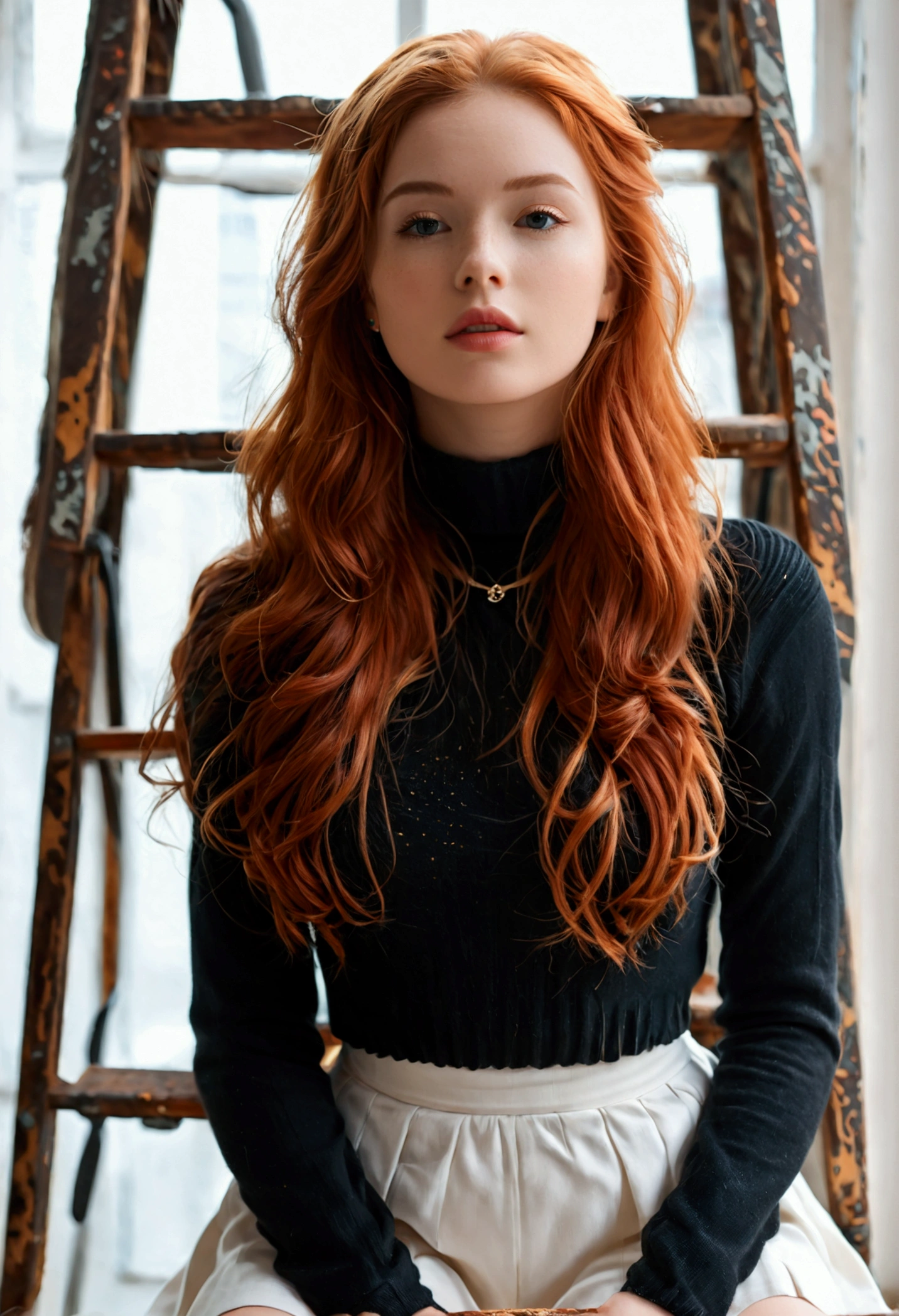(Full body shot: 1.5) photorealistic image of a (Seated posture: 1.1) woman, ultra realistic, photography, long red hair, Girl, 22 years old, hourglass figure, perfect body, seductive look, medium natural breasts, blur background, sitting on a ladder, black tight sweater, white skirt, comfortable slipper, slight neckline