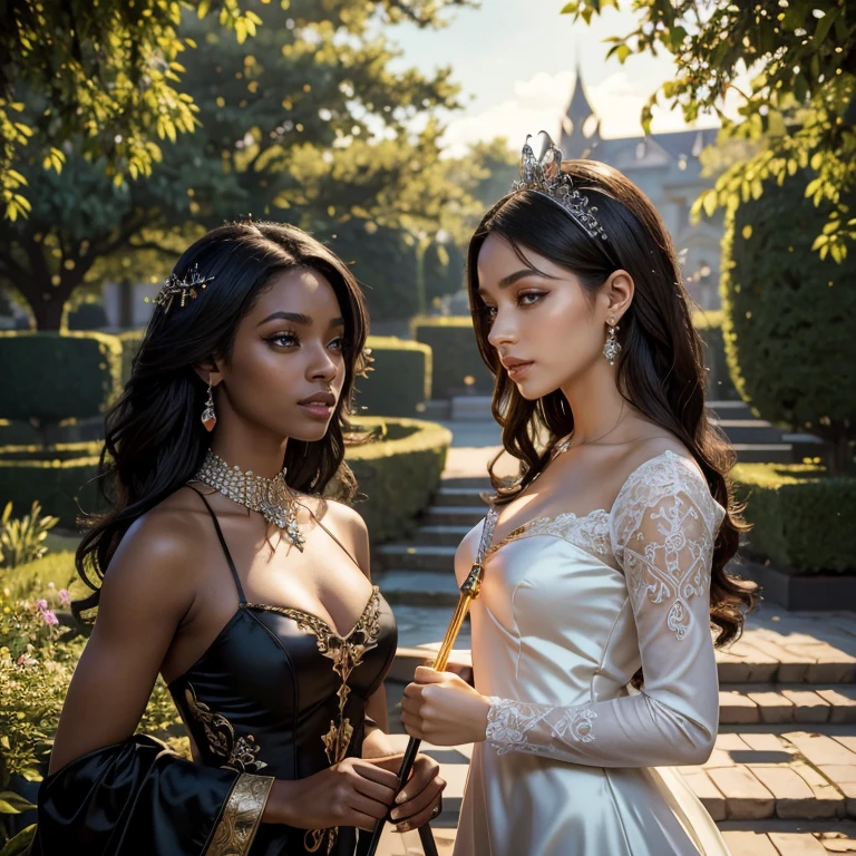 (masterpiece, best quality:1.5), highest quality, High resolution, super detailed, Realists, Upper body photo of a black sorceress, dark skin, detailed and beautiful eyes, beautiful detailed lips, very detailed eyes and face, longeyelashes, shiny satin dress, Holding a magic wand in your hand and performing a transformation spell, Magic wands present and shining, Beautiful and colorful makeup, elegant and noble々The jewelry bag, Gardens as background, soft daylight, bright colors, fine brushstrokes, Portrait style, Silk dress fabric, beautiful color palette, glowing skin, First-class rendering, that captures every detail, enchanting atmosphere, subtle shadows and lights, (perfect anatomy:1.2), (The two breathtaking sorceresses transform birds into jewelry (a transformation with a magic wand:1.4), (magnificent panorama view:1.2)