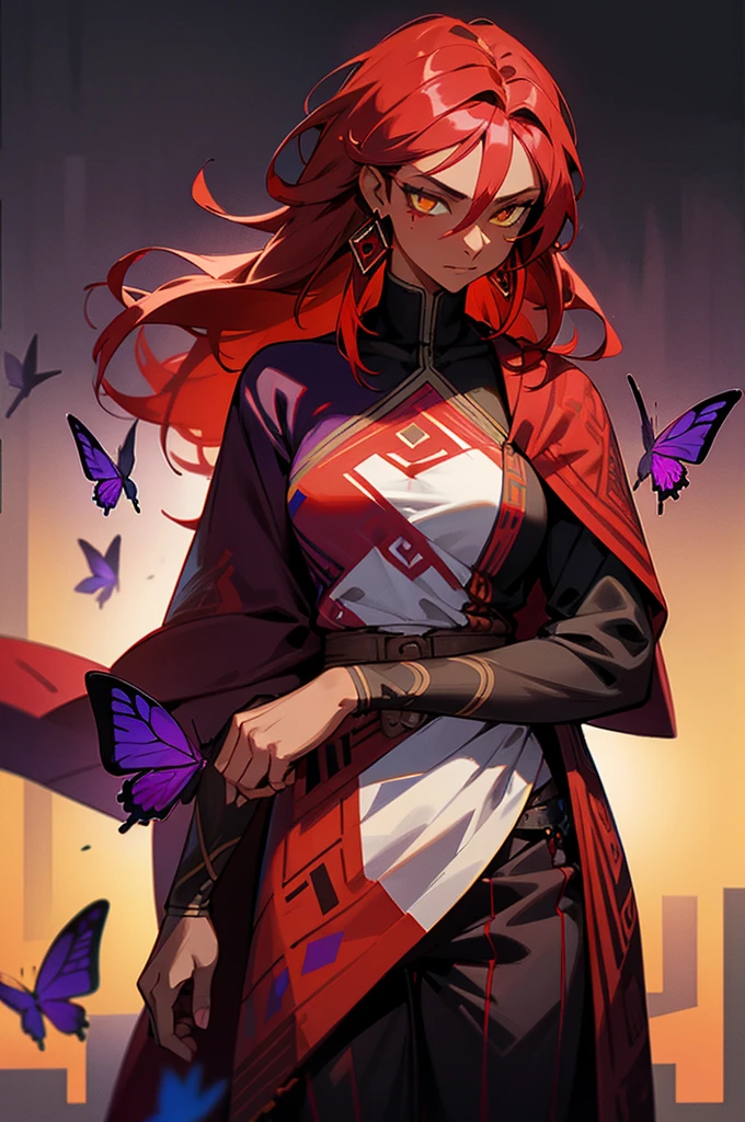Black and Purple Tribal Markings On Body , Purple Butterflies around person , dark skin, light yellow eyes, red earrings, red hair, mature woman, red cloak, red pattered shirt, black checkered pants,, fully clothed, fully clothed, long red hair, dark skin tone
