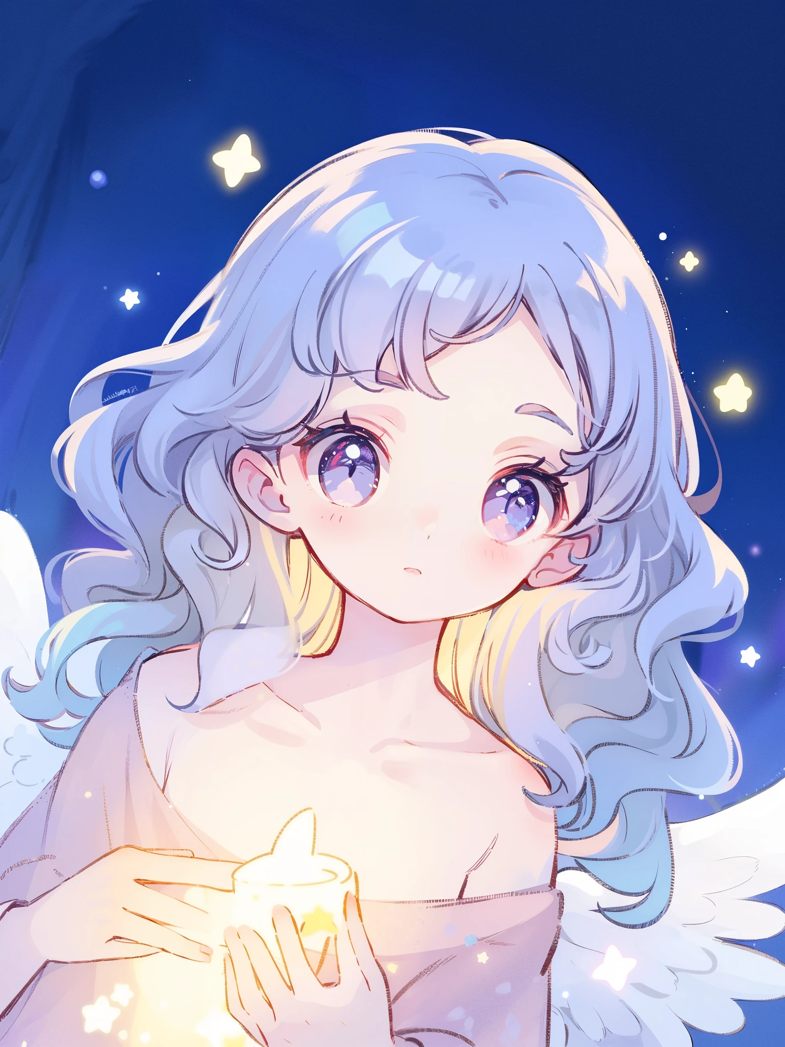 nude angel girl wearing an ethereal translucent dress, pale skin, ((wavy gradient blue purple hair)), white feathers, angel wings, sparkling detailed eyes, golden ratio face, perfect composition, highly detailed, ethereal, (starry night sky background), midjourney style