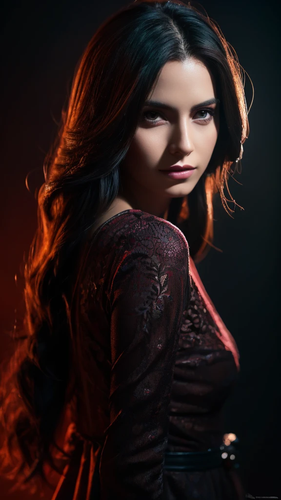 beautiful dark hair with violet highlights, 1girl, detailed face, elegant, dramatic lighting, portrait, cinematic, photorealistic, award winning digital art, 8k, masterpiece, intricate details, chiaroscuro, dramatic shadows, moody atmosphere, deep jewel tones, warm color palette