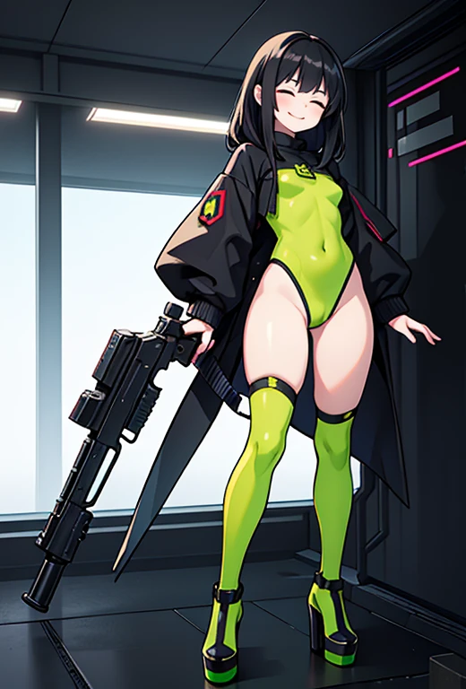 Young girl, Pullover, Green bodysuit , full suit, whole body to see, smile showing teeth, closed eyes , straight hair , wide hips, big thighs, skinny girl, flat chest,fullbody, platform heels, pale skin, small breast, gun, soldier girl, standing, front pose, black hair, Cyberpunk,