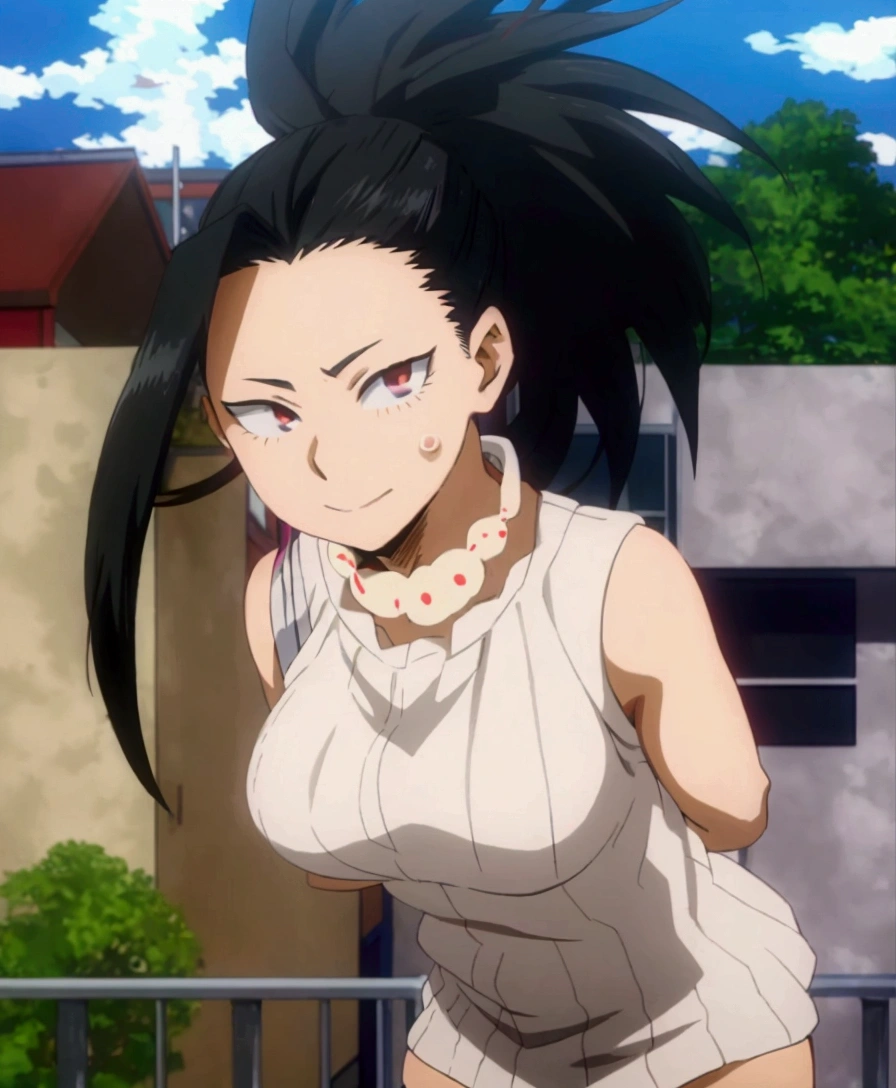 anime girl with black hair and white top standing on balcony, female anime character, Yui Kotegawa, hinata hyuuga, eat and drink, anime girl named momo yaoyorozu , ( ( ( boku no hero academia ) ) ), momo yaoyorozu with cock in the back, anime character, anime look of a beautiful girl, as an anime character, nagatoro