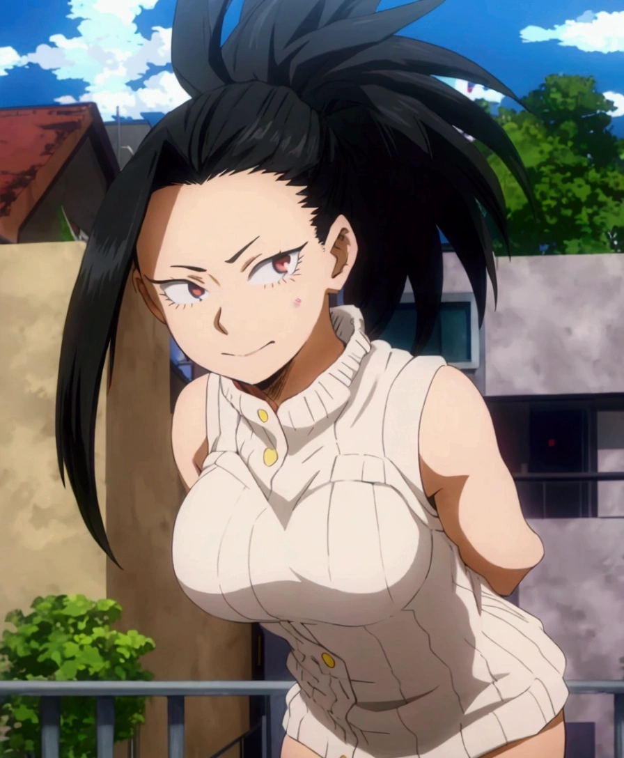 anime girl with black hair and white top standing on balcony, female anime character, Yui Kotegawa, hinata hyuuga, eat and drink, anime girl named momo yaoyorozu , ( ( ( boku no hero academia ) ) ), momo yaoyorozu with cock in the back, anime character, anime look of a beautiful girl, as an anime character, nagatoro
