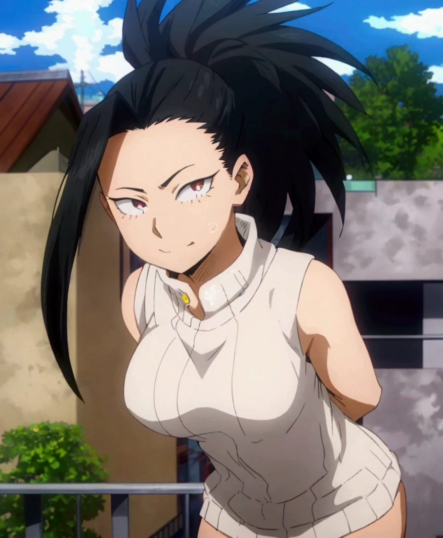 anime girl with black hair and white top standing on balcony, female anime character, Yui Kotegawa, hinata hyuuga, eat and drink, anime girl named momo yaoyorozu , ( ( ( boku no hero academia ) ) ), momo yaoyorozu with cock in the back, anime character, anime look of a beautiful girl, as an anime character, nagatoro